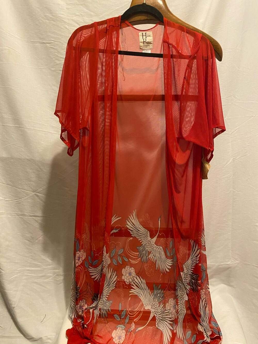 0113-Haute Project Sheer Red Crane Print Long Kimono Cover Up